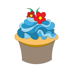 biscuit cake in a basket, with blue cream of whipped cream on top, decorated with red flowers. beautiful and sweet dessert. Vector.