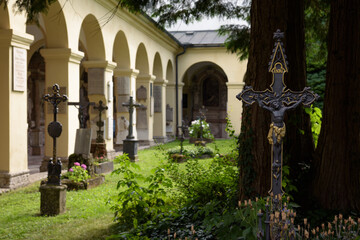 Crosses on graves in the cemetery of the late baroque Saint Sebastian's church, Salzburg, Austria