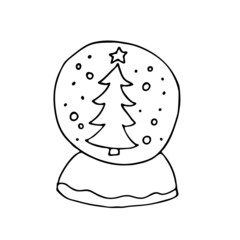 Doodle Snow globe. A hand-drawn Christmas ball on a stand. A symbol of winter, New Year and Christmas. Vector ball with a Christmas tree drawn with a black outline on a white background.