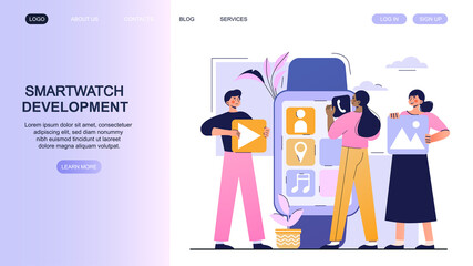 Smartwatch development concept. Group of people developing new application. Work on modern devices. Design landing page for website. Cartoon flat vector illustration isolated on white background