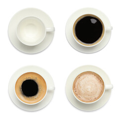 Set with cups of tasty aromatic coffee on white background, top view