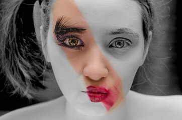 portrait of a girl in makeup and lipstick half black and white