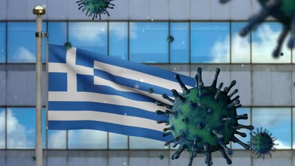 3D, Greek flag waving with modern skyscraper city and Coronavirus 2019 nCov concept. Asian outbreak in Greece, coronaviruses influenza as dangerous flu strain cases as a pandemic. Virus Covid19 - Powered by Adobe