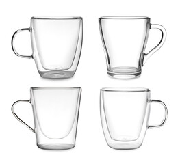 Set with different empty glass coffee cups on white background