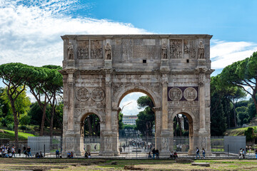 The triumphal Arch of Constantine next to the Colosseum in Rome.