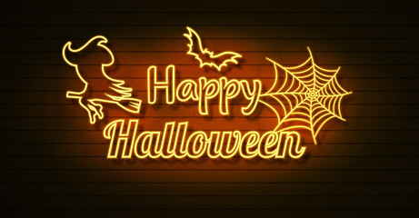 Halloween neon vector sign. Glowing Halloween neon typography with flying