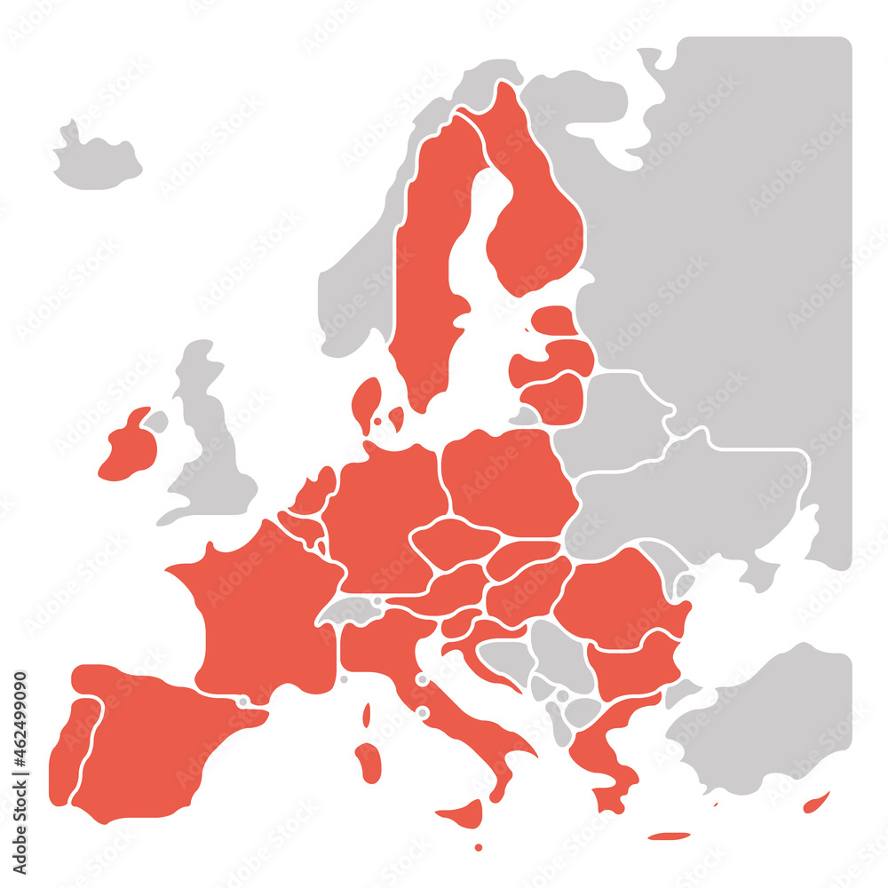 Poster simplified map of eu, european union. rounded shapes of states with smoothed border. red simple flat