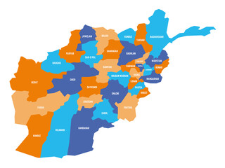 Colorful political map of Afghanistan. Administrative divisions - provinces. Simple flat vector map with labels.