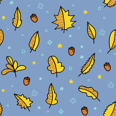 Seamless pattern with hand drawn vector abstract yellow leaves and acorn,bright autumn illustration for cover,wallpaper,interior design,textile print,simple botanical motif, blue background