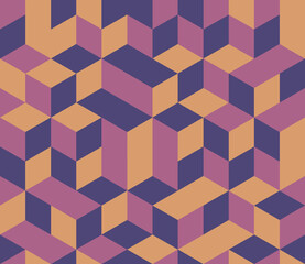Abstract background seamless geometric pattern. Cube shape, diamond shape. Purple pink yellow color. Surface design for apparel, textile, tile, cover, poster, flyer, banner, wall. Vector illustration.
