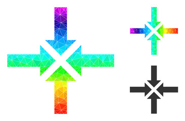 Obraz premium lowpoly compress arrows icon with spectrum colored. Rainbow vibrant polygonal compress arrows vector is designed of randomized vibrant triangles.