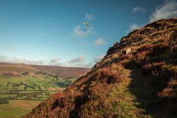 View from Mam Tor in Peak District in UK, Paragliding in sunny day autumn 2021.