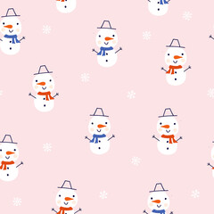 Snowman seamless vector pattern with cute snowmen, snowflakes on pink. Winter holidays repeating background flat Scandinavian style. For kids fabric, wrapping paper, Christmas decor.