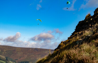 View from Mam Tor in Peak District in UK, Paragliding in sunny day autumn 2021.