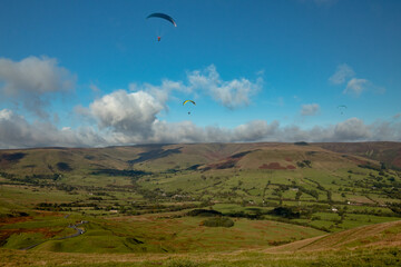 View from Mam Tor in Peak District in UK, Paragliding in sunny day autumn 2021.