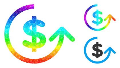 Low-poly chargeback icon with spectral vibrant. Spectrum vibrant polygonal chargeback vector filled with random vibrant triangles. Flat geometric mesh illustration is designed by chargeback icon.