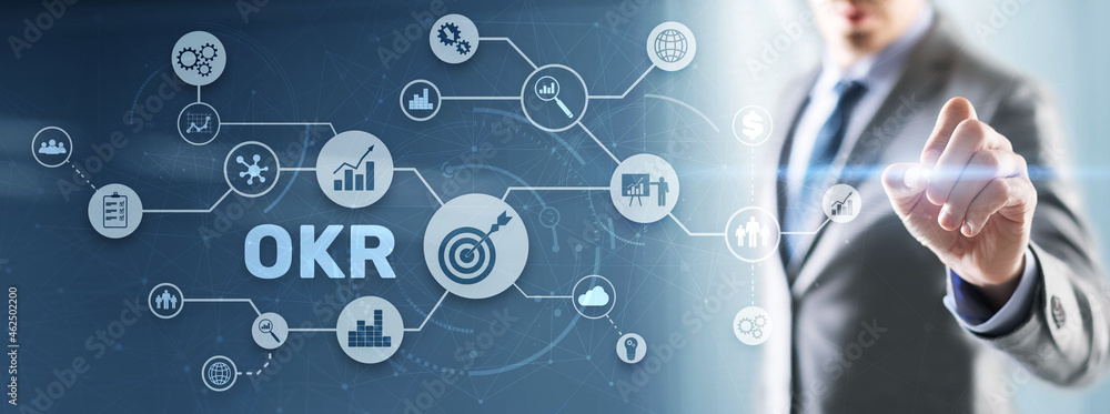 Poster objective key results. project management. business technology process on virtual screen
