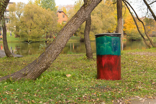 Barrel nature environment waste pollution, outdoors tank ecological spring, toxic junk heat leaves plastic