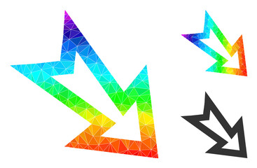 lowpoly arrow right down icon with spectral colored. Rainbow colored polygonal arrow right down vector combined with randomized colored triangles.