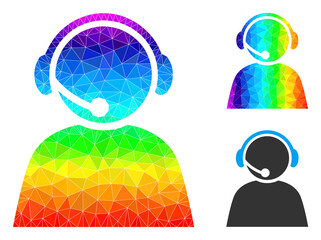 lowpoly call center operator icon with spectral gradient. Spectral vibrant polygonal call center operator vector is designed with scattered vibrant triangles.