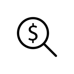 Dollar sign in magnifying glass black icon on white. The concept of finding money for business. Flat isolated outline symbol, sign used for: illustration, logo, app, design web, dev, ui. Vector EPS 10