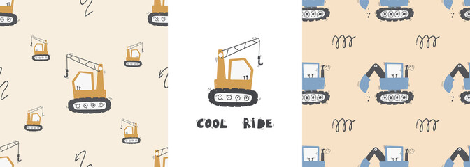 Cute children's seamless pattern with trucks and diggers in Scandinavian style on a white background. Building equipment. Funny construction transport Digital paper