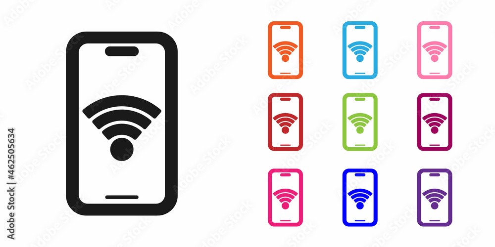 Poster black smartphone with free wi-fi wireless connection icon isolated on white background. wireless tec