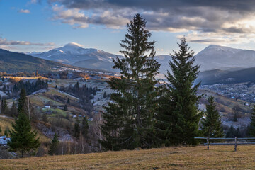 Late autumn mountain pre sunset scene with snow covered tops in far. Picturesque traveling, seasonal, nature and countryside beauty concept scene. Carpathians, Ukraine.