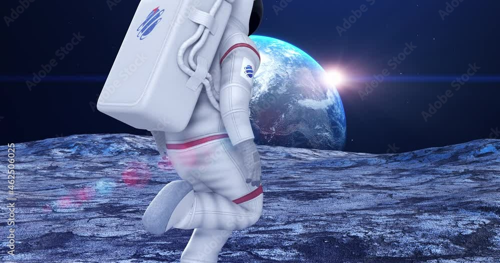 Wall mural astronaut running on planet surface. moving fast. planet earth on background. space and technology r