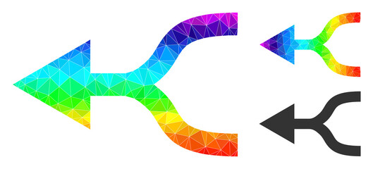 Low-poly combine arrow left icon with spectrum gradient. Spectrum colored polygonal combine arrow left vector is filled with chaotic colored triangles.