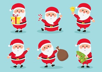 Santa claus activities set new year and christmas isolated on blue background. vector Illustration.