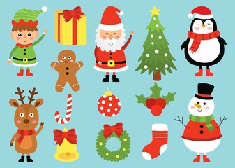 Obraz na płótnie Canvas Christmas characters cartoon animals set isolated on blue background. vector Illustration.