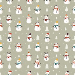 Christmas seamless pattern with snowman winter on grey background. vector Illustration.