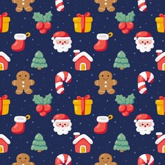 Christmas seamless pattern with flat elements on blue background. vector illustration.