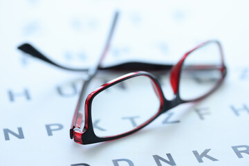 Stylish glasses in black and red frames lie on ophthalmic table closeup