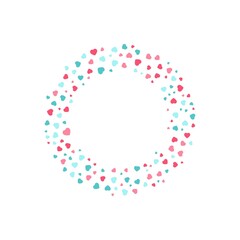 Colorful geometric hearts frame - wreath. Abstract vector background with colorful hearts shapes consisting of spherical geometric particles. Hearts frame's colorful halftone. Valentine's Day.	