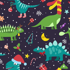 Christmas funny dinosaurs, seamless pattern.