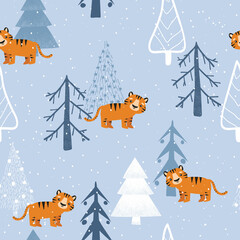 Cute tiger in winter forest, seamless pattern