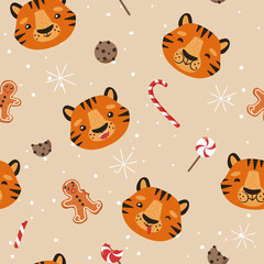 Funny tiger. Christmas background. Seamless pattern