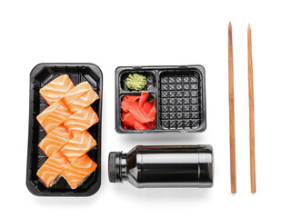 Composition with set of tasty sushi rolls on white background
