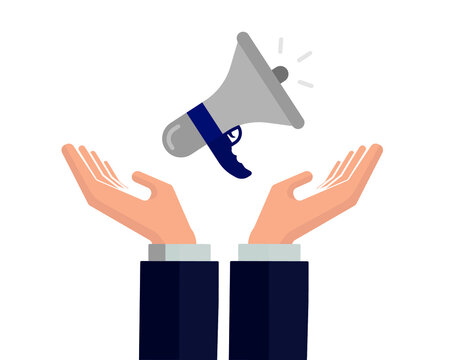 
megaphone and hand vector. Speaker, Advertising and promotion symbol. Social media marketing concept. Vector illustration flat design. Landing page template.