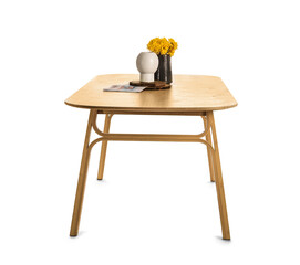 Dining table with vases and flowers on white background