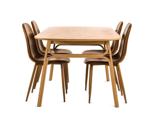 Wooden dining table with chairs on white background
