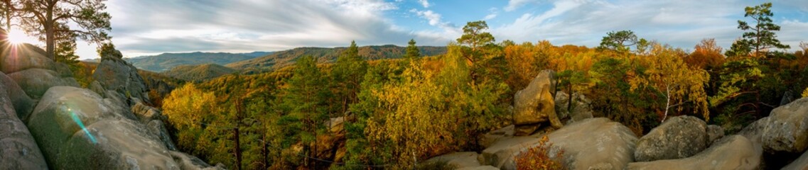 Autumn panorama in the rocky mountains. Trees in a color palette.