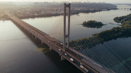 Aerial view of Pivdennyi Southern Bridge across the Dnieper in Kiev, Ukraine.