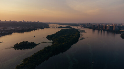 Aerial view of Pivdennyi Southern Bridge across the Dnieper in Kiev, Ukraine.