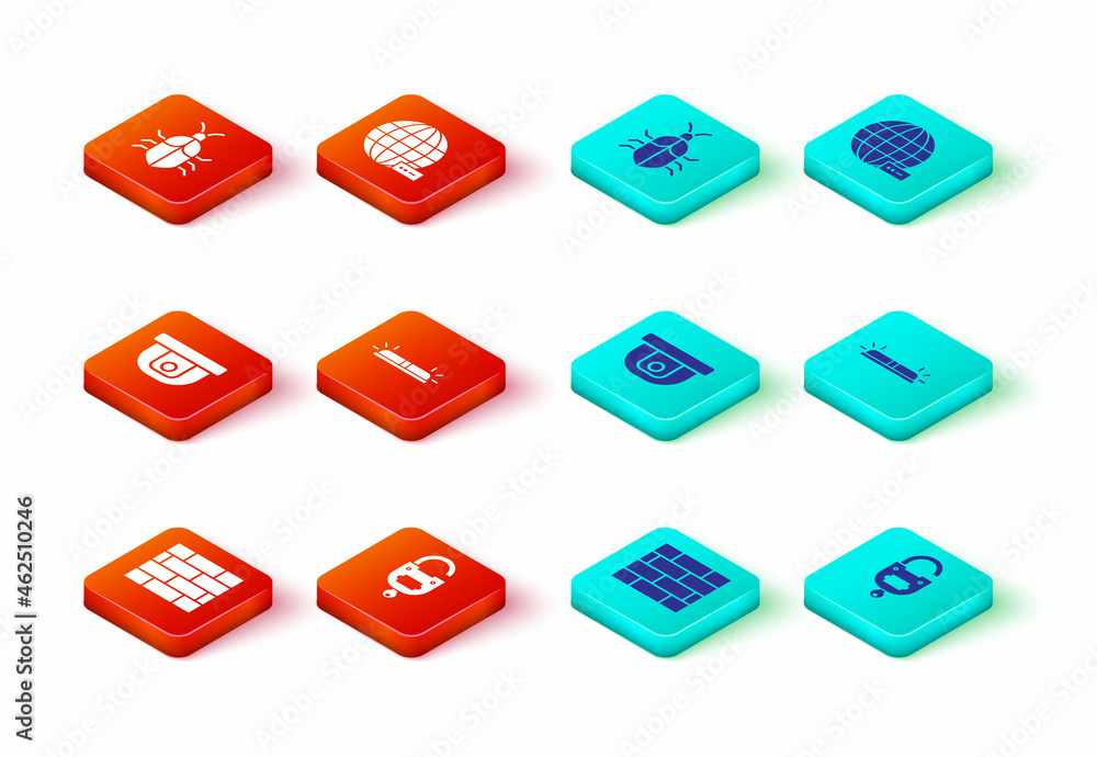 Poster set bricks, lock and key, motion sensor, flasher siren, social network and system bug concept icon. 