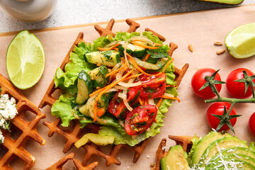 Delicious Belgian waffles with vegetables and lime on table, closeup