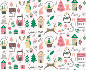 Seamless Christmas pattern. Modern boho minimalism. Merry christmas and a happy new year. Winter stickers for design. Template for use in children's design, textiles, books, packaging.