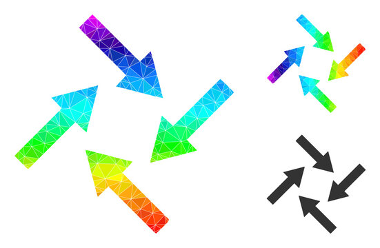 Low-poly Centripetal Arrows Icon With Spectral Colorful. Spectral Colored Polygonal Centripetal Arrows Vector Is Combined With Scattered Vibrant Triangles.